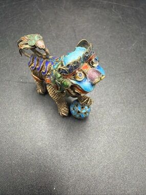 VTG Cloisonné Chinese Enamel & Brass Foo Dog Filigree Figurines w/ Movable Head